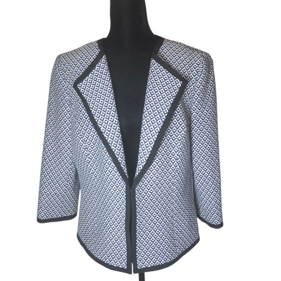 Kasper Jackets & Blazers - Kasper Blazer Size 10 Blue White Geometric Open Front Career Jacket 3/4 Sleeve